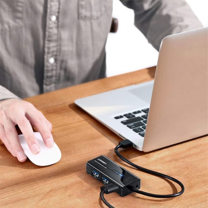UGREEN USB Type-A Male to Ethernet Adapter with 3-Port USB Hub – Black - Image 2
