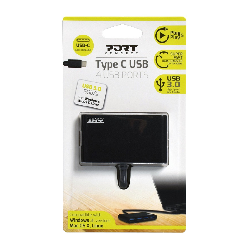 900123_wr_01a.jpg Port USB Type-C to 4 x USB3.0 5Gbps 30cm 4 Port Hub - Black - Image 1