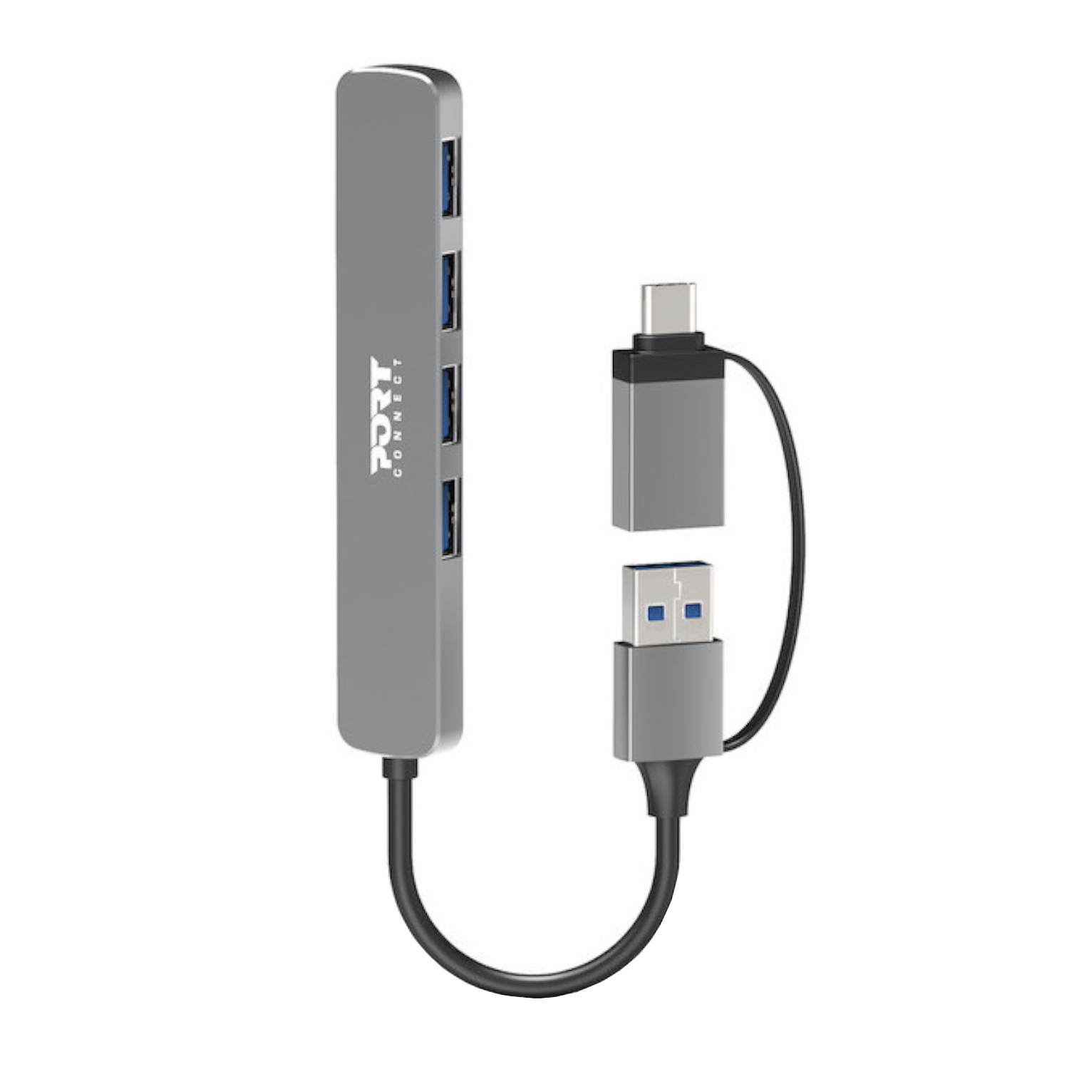 900161_Port-Connect-USB-Type-C-to-4-port-USB-A-3.0-Hub-Grey_wr_01a.jpg Port Connect USB Type-C to 4-port USB-A 3.0 Hub - Image 1