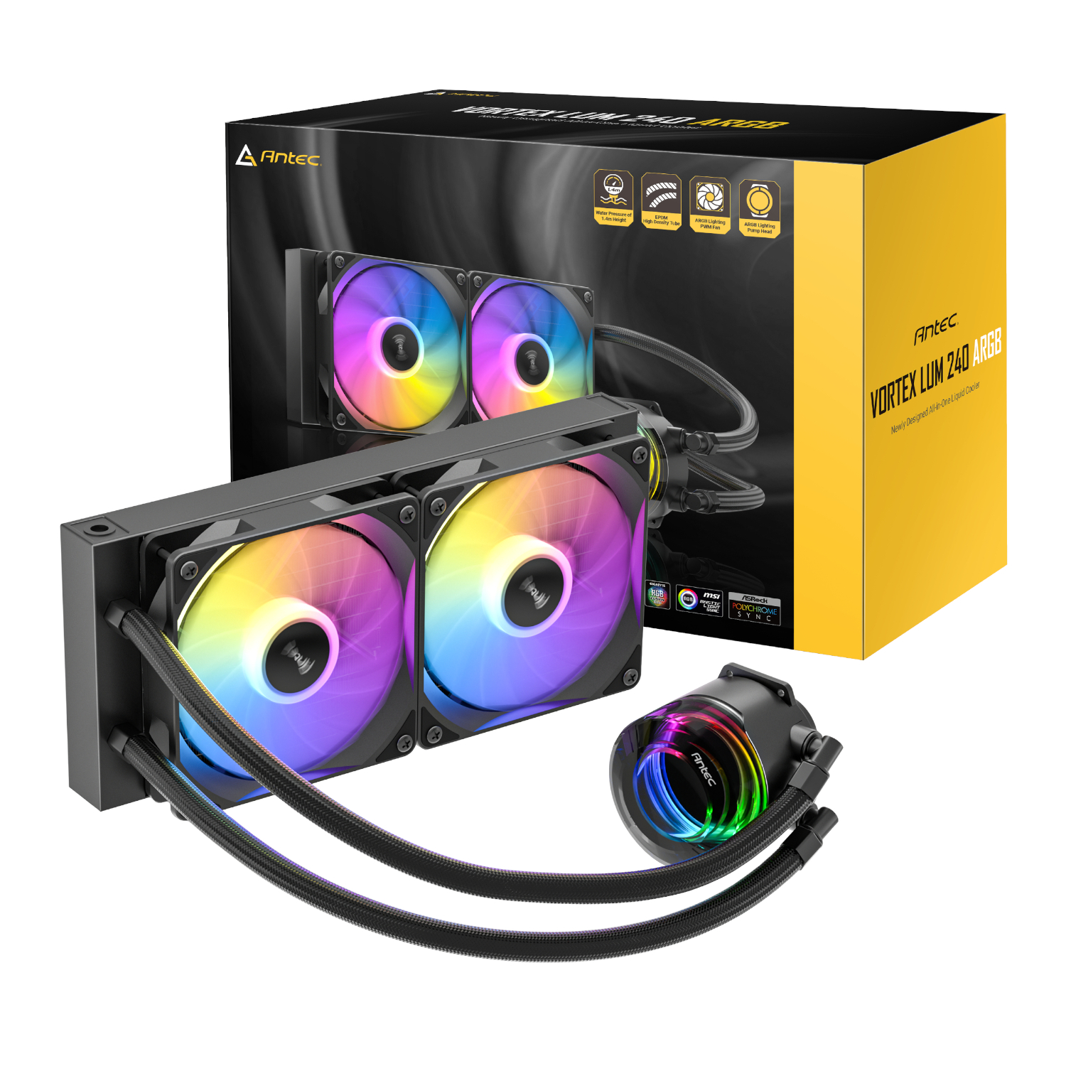 Antec_VORTEX-LUM-240-ARGB_wr_01a-1.jpg Antec VORTEX LUM 240 ARGB AIO CPU Liquid Cooler – Black - Image 1