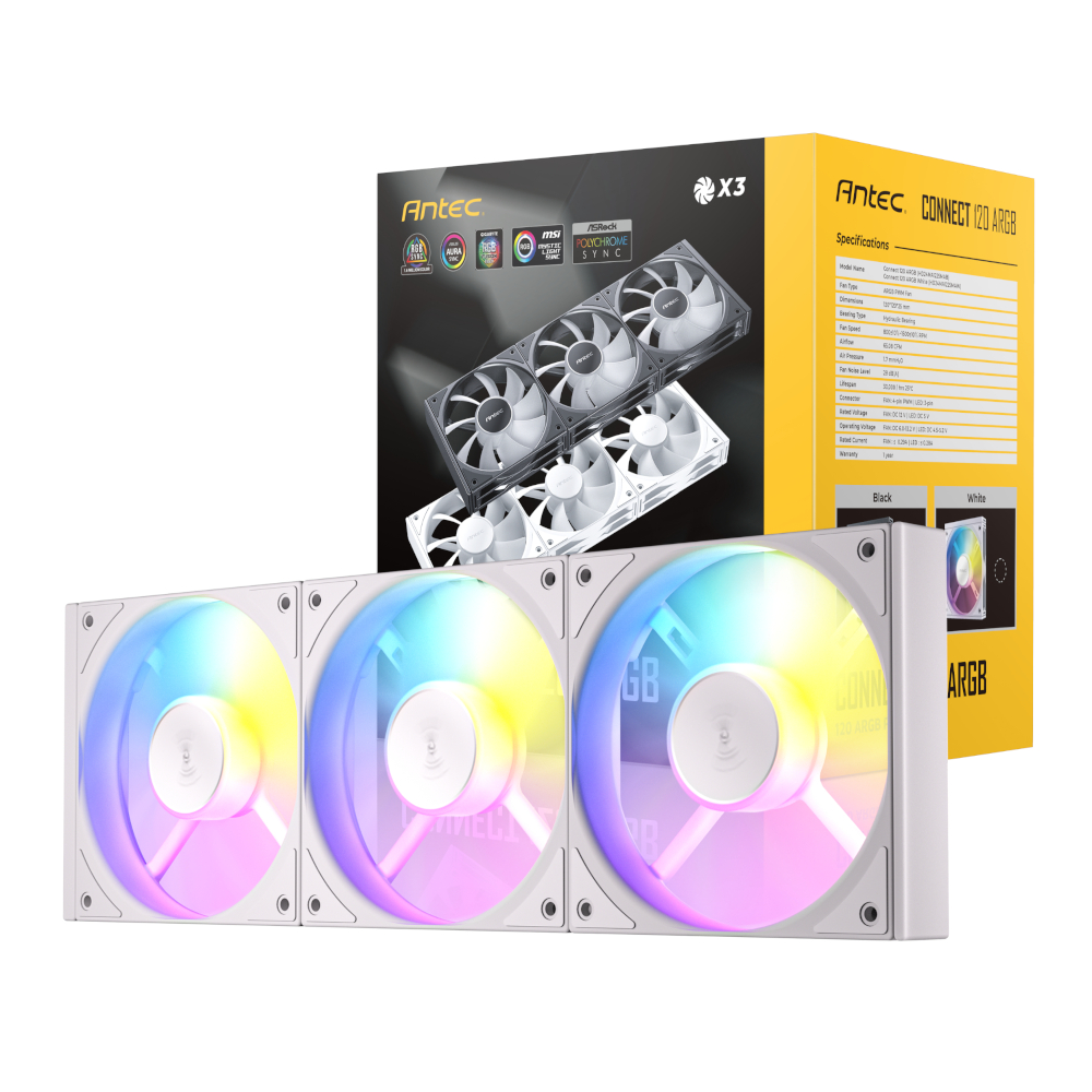 C120-ARGB-3PK-WH_wr_01.jpg Antec Connect 120 ARGB PWM Fan 3 Pack - White - Image 1