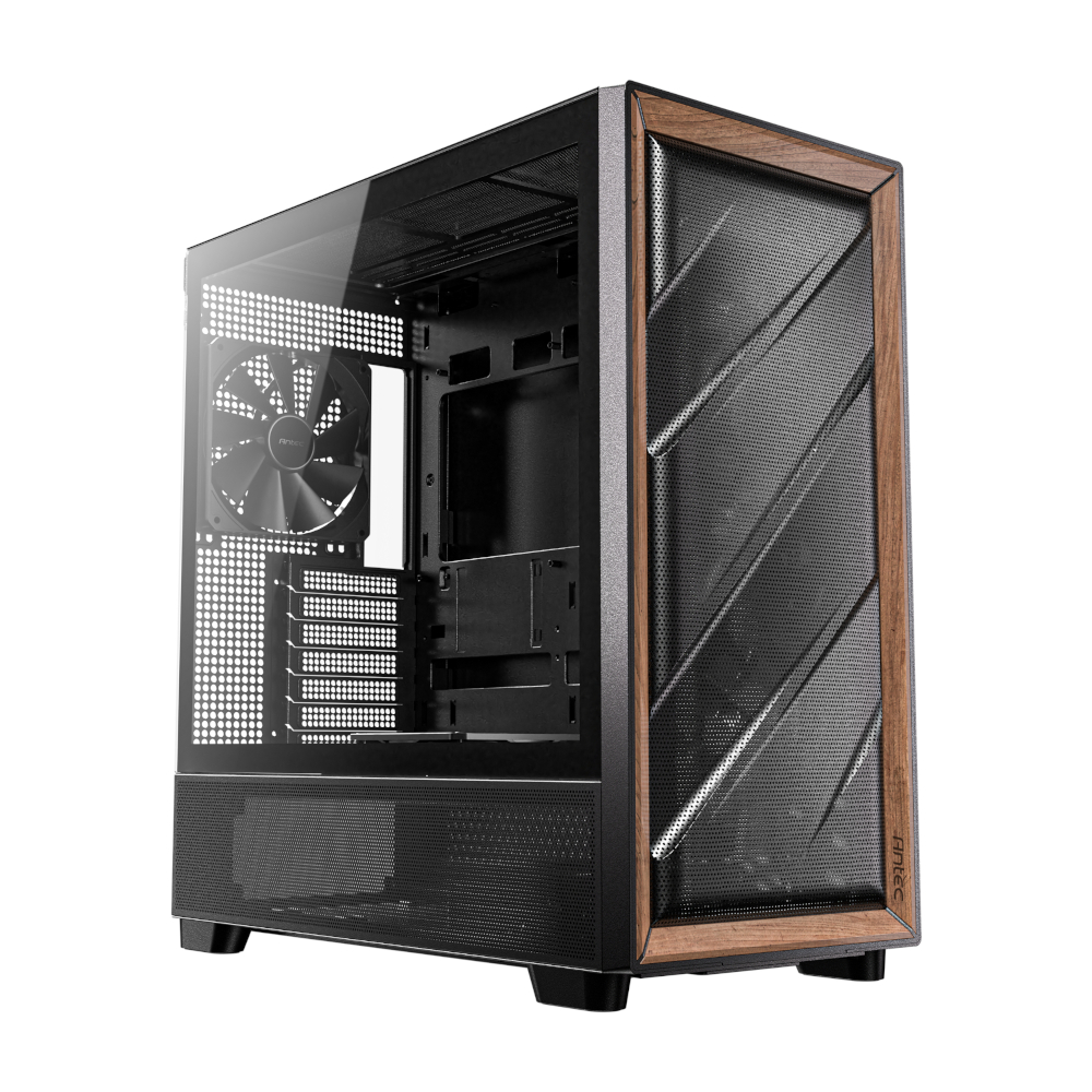 FLUX_wr_02.jpg Antec FLUX ATX WOOD Mid Tower Gaming Chassis – Black - Image 1