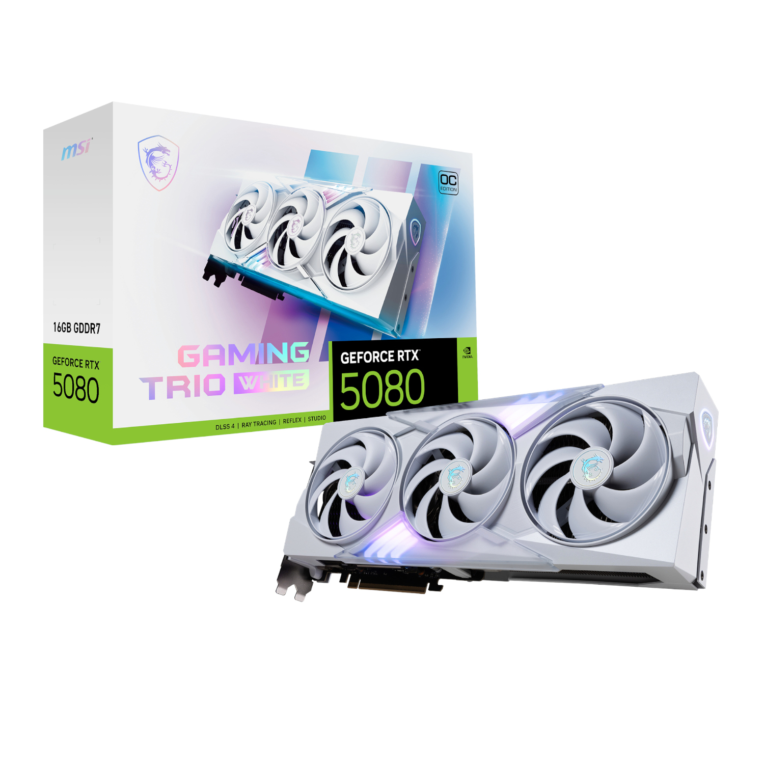 MSI_RTX5080GAMINGTRIOOC16GBWH_wr_01a.jpg MSI GeForce RTX 5080 GAMING TRIO OC 16G Graphics Card - White - Image 1
