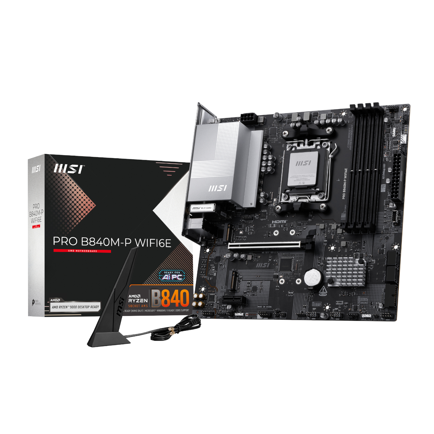 PROB840M-PWIFI6E_MSI-PRO-B840M-P-WIFI6E-AM5-mATX-Motherboard_wr_01a.jpg MSI PRO B840M-P Wi-Fi 6E AMD AM5 MATX Gaming Motherboard - Image 1