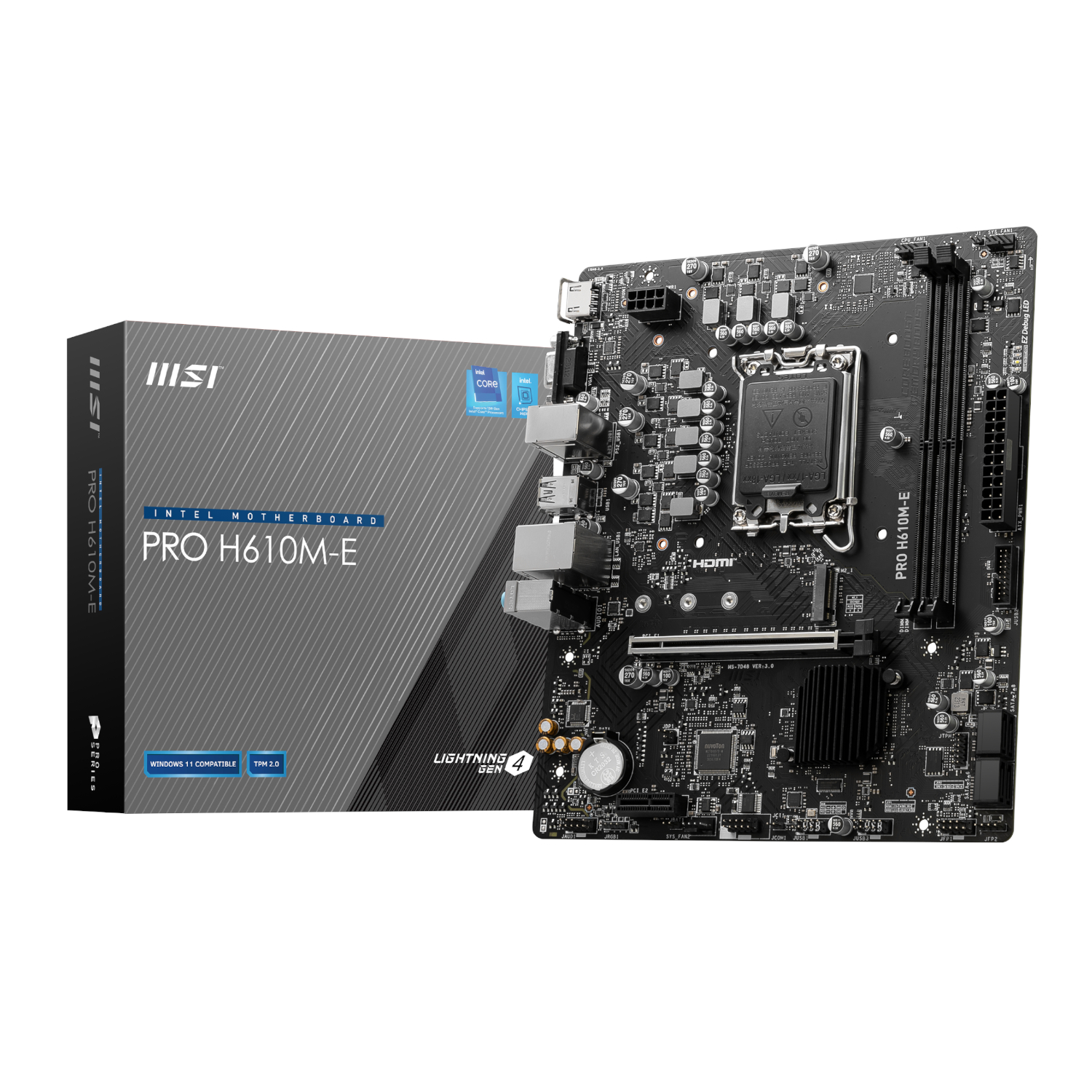 PROH610M-EDDR5_MSI-PRO-H610M-E-DDR5-M-ATX-Motherboard_wr_01a.jpg MSI PRO H610M-E Intel LGA1700 DDR5 M-ATX Motherboard - Image 1