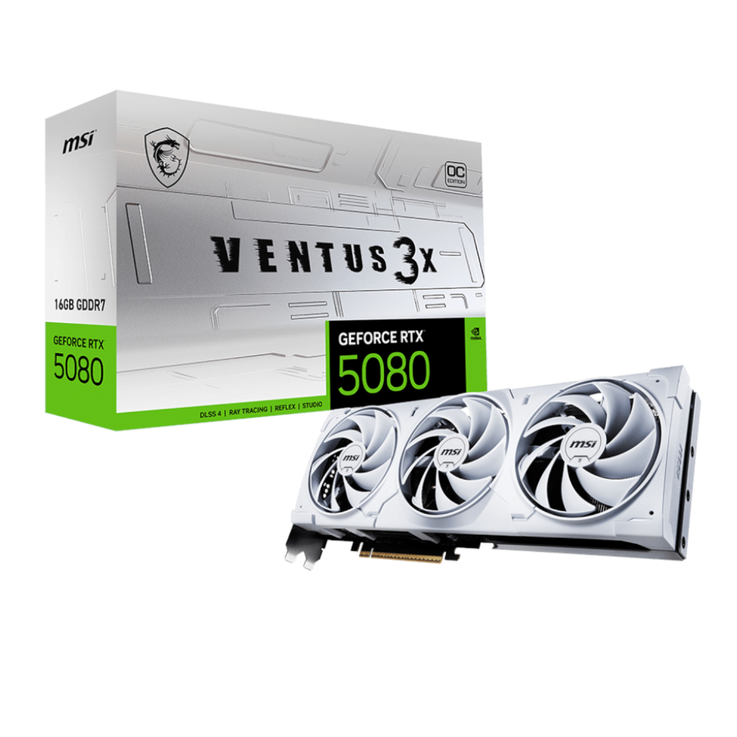 RTX5080VENTUS3XOC16GBWH_MSI-GeForce-RTX™-5080-16G-VENTUS-3X-OC-White-Graphics-Card_wr_01a.jpg MSI GeForce RTX 5080 VENTUS 3X OC 16GB GDDR7 Graphics Card - White - Image 1