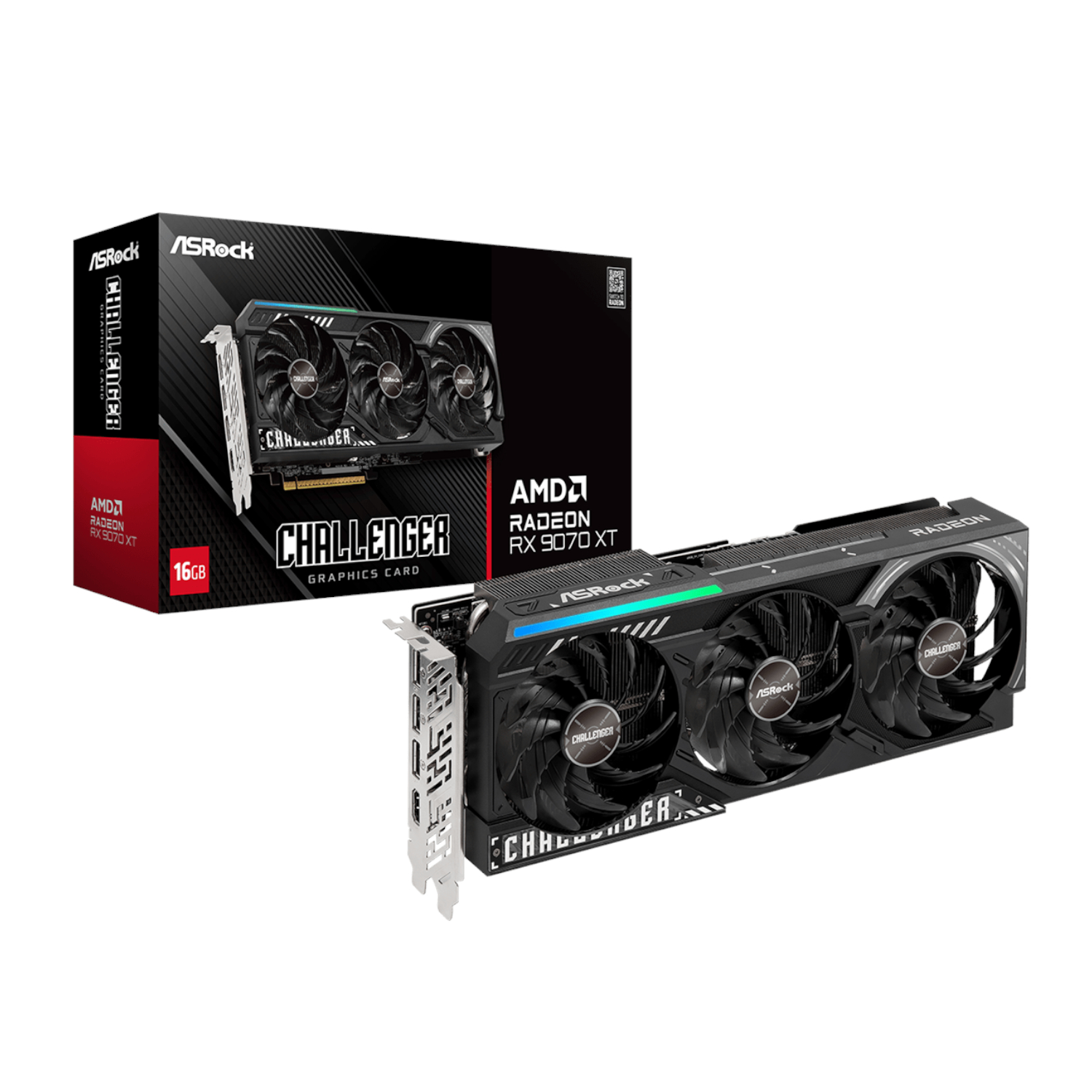 RX9070XTCHALLENGER16G_ASRock-Radeon-RX9070-XT-Challenger-16G-Graphics-Card-Black_wr_01.jpg ASRock Radeon RX9070 XT Challenger 16G Graphics Card - Image 1
