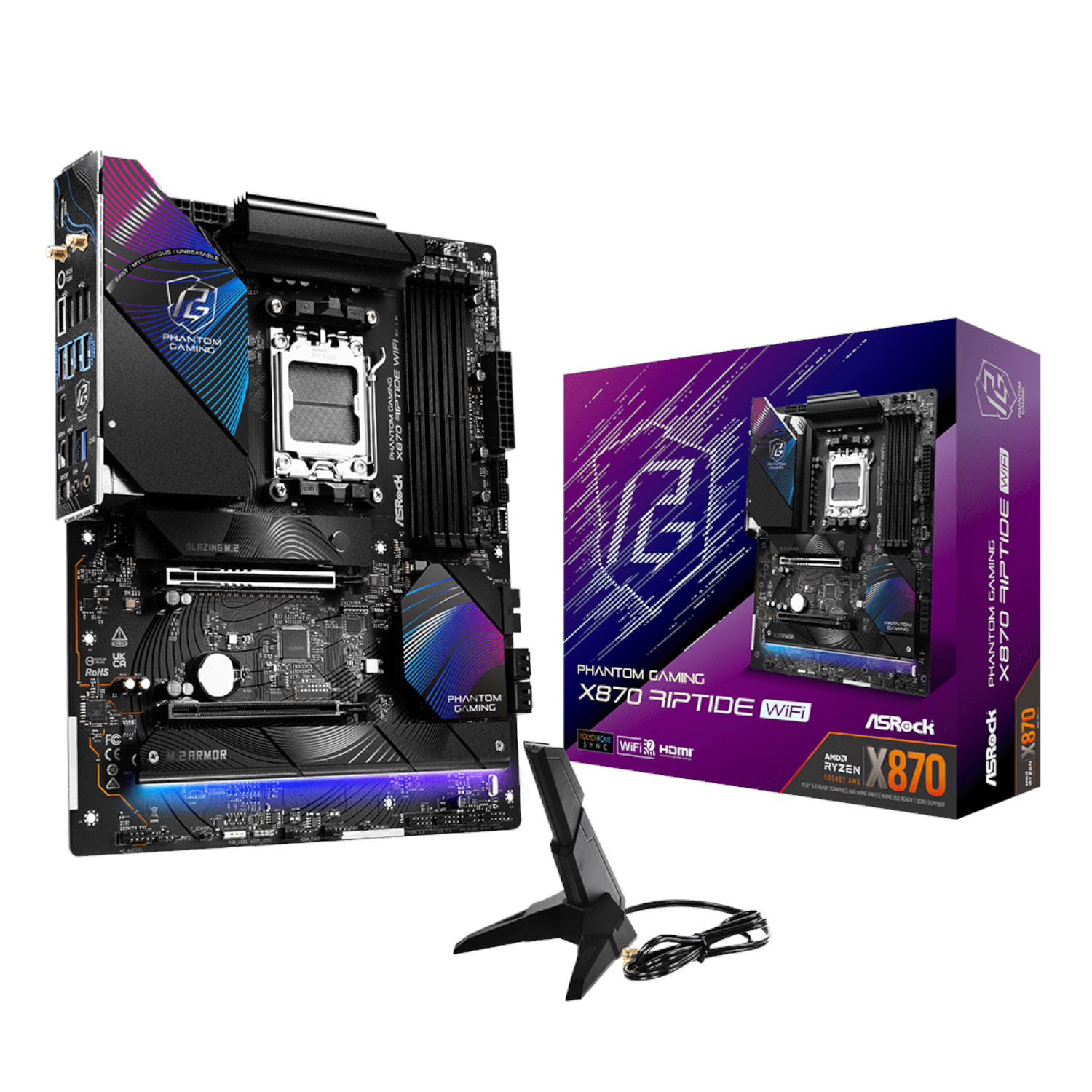 X870-RIPTIDEWIFI_ASROCK-X870-RIPTIDE-WIFI-AM5-ATX-4X-DDR5_wr_01.jpg ASRock X870 Riptide AM5 Wi-Fi Phantom Gaming Motherboard - Image 1